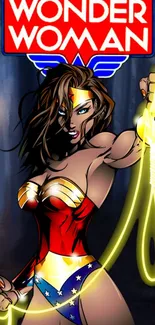 Wonder Woman holding glowing lasso in action pose.