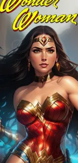 Wonder Woman in red and gold armor with flowing hair, ready for action.