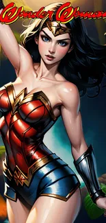 Wonder Woman illustrated in vibrant costume, striking a dynamic pose.