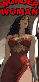 Wonder Woman in a bold, red costume standing heroically.