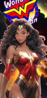 Animated Wonder Woman wallpaper with bold red costume on a fiery background.