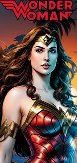 Wonder Woman at sunset in vibrant superhero artwork.