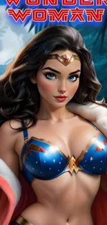 Wonder Woman fantasy art with vibrant colors on mobile wallpaper.