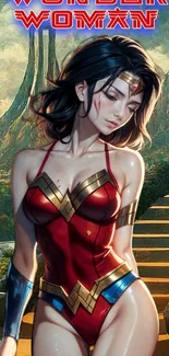 Wonder Woman in red costume, mobile wallpaper with vibrant design.