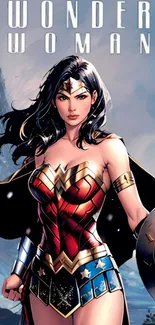 Wonder Woman in iconic armor, heroic stance.