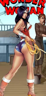 Wonder Woman in dynamic comic art style on a ship deck.