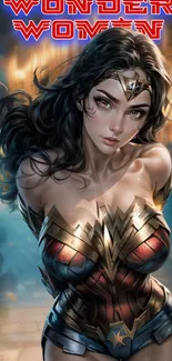 Wonder Woman vibrant mobile wallpaper with colorful superhero design.