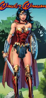 Wonder Woman in vibrant comic style, dressed heroically with shield and sword.