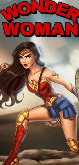 Wonder Woman in action wallpaper for mobile with vibrant colors.