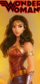 Wonder Woman in a dynamic pose with vibrant golden background.