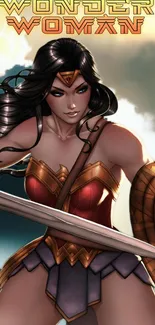 Wonder Woman in armor holding a sword, ready for battle.