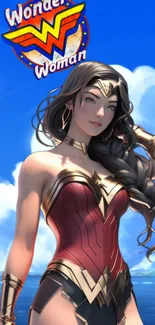 Wonder Woman against a blue sky with logo, powerful superhero wallpaper.