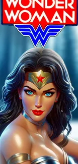 Wonder Woman illustration with vibrant colors and comic book style.