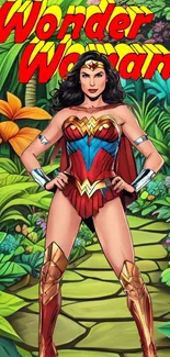 Wonder Woman stands in a vibrant jungle background.