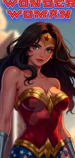 Wonder Woman in red and gold costume with vibrant background.