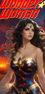 Wonder Woman in a vibrant autumn landscape, heroic and colorful design.