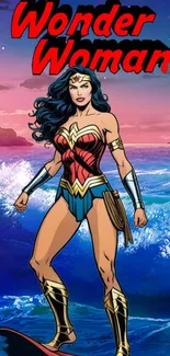 Wonder Woman standing before an ocean waves backdrop.