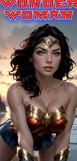 Wonder Woman in scenic superhero wallpaper by the sea.