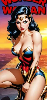 Wonder Woman kneeling before a vivid sunset on a digital wallpaper.