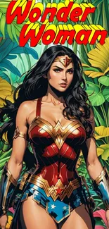 Wonder Woman stands before a colorful tropical backdrop.