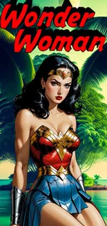 Wonder Woman in tropical setting with vibrant comic book style.