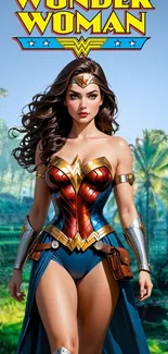 Wonder Woman stands against a tropical backdrop in this vibrant wallpaper.