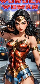 Wonder Woman in vibrant urban streets wallpaper.