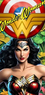 Dynamic Wonder Woman art with vibrant colors and superhero theme.