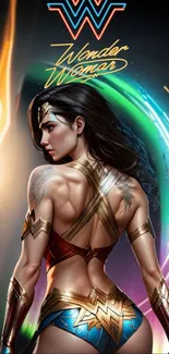 Wonder Woman in dynamic, colorful artwork for mobile wallpaper.