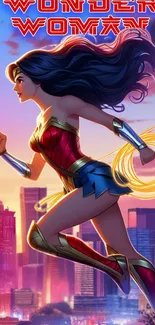 Wonder Woman against a vibrant city backdrop, dynamic colors.