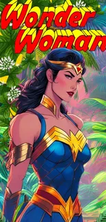 Vibrant Wonder Woman art with lush green and vivid colors.