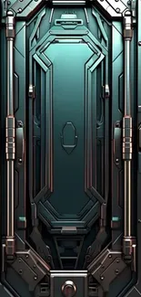 Futuristic tech door with intricate design and teal accents.