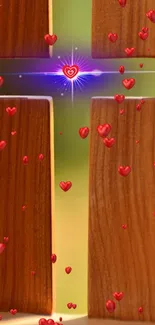 Wooden cross with glowing red hearts floating around it.