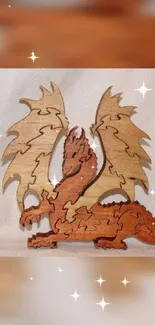 Wooden dragon puzzle art with starry effects.