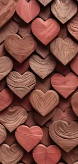 Pattern of wooden hearts in a rustic style for mobile wallpaper.