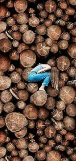 Person sitting among stacked wooden logs, creating an artistic, nature-themed wallpaper.