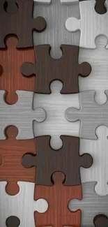Wooden jigsaw puzzle pieces in warm tones.