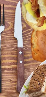 Rustic table setting with food and utensils.