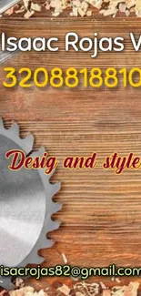 Wooden board with sawblade and design text.