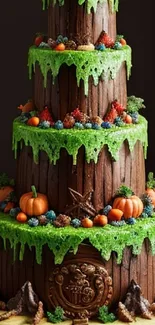 Woodland-themed cake with green foliage and autumn decorations.