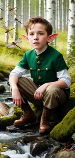 Elf-like child in a lush forest setting with moss and dragonflies.