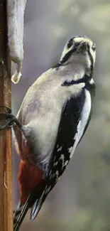 Woodpecker perched on a tree in a serene nature setting.