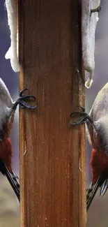 Two woodpeckers on a wooden post in a forest setting.