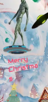 Alien with UFO over a festive Christmas village.