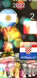 World Cup 2022 trophy with Argentina, France, and Croatia flags.