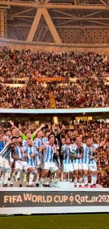 Argentina team celebrates World Cup win in stadium, vibrant atmosphere.