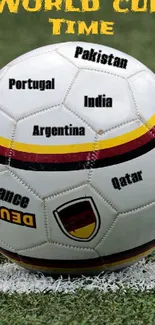 World Cup soccer ball on grass with countries listed.