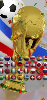 World Cup trophy with flags and soccer ball.