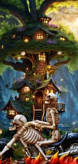 Skeletons ride a bike in a fantasy forest with a treehouse.