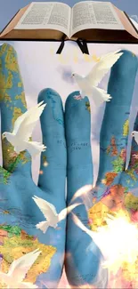 Mobile wallpaper of world map-covered hands and doves with an open book.